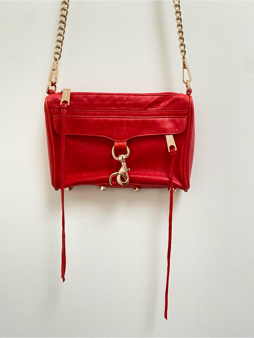 Rebecca Minkoff Red Leather Mini M.A.C. Crossbody with Gold Chain